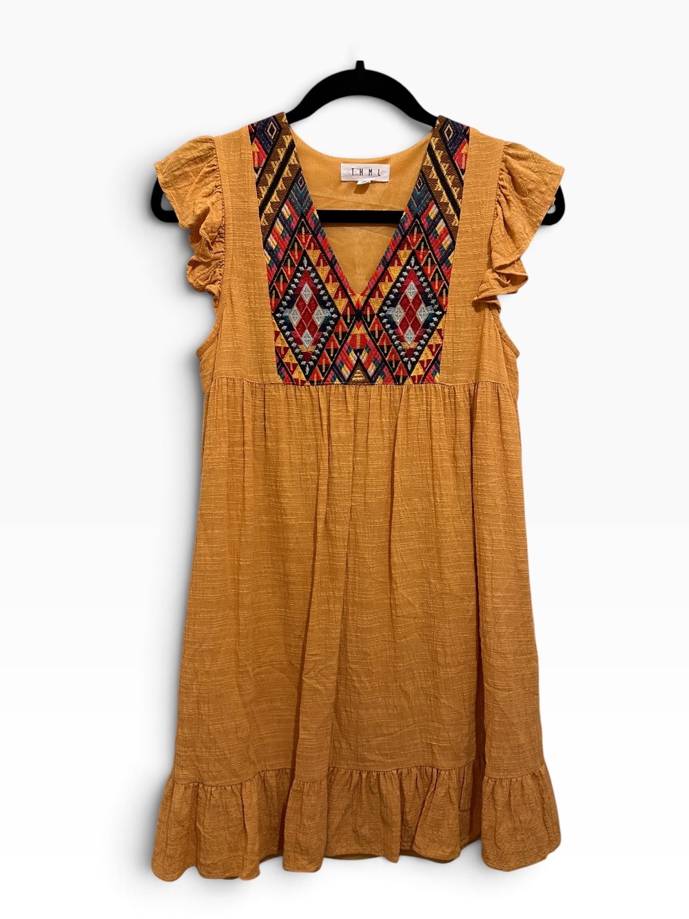 THML Mustard V-Neck Embroidered Ruffle Mini Dress - Picture 2 of 6